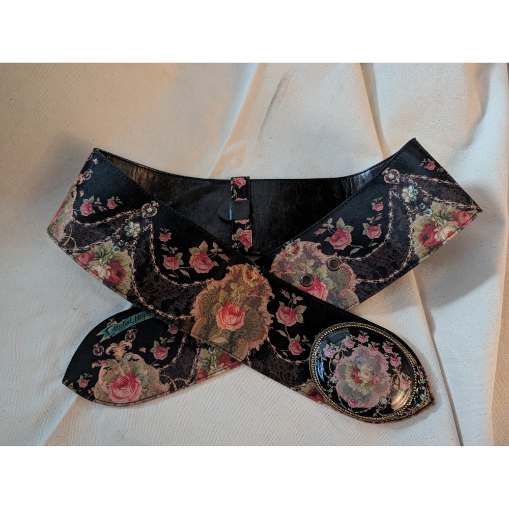 Michal Negrin Floral Tapestry Wide Waist Belt Victorian Crystal Buckle Black S